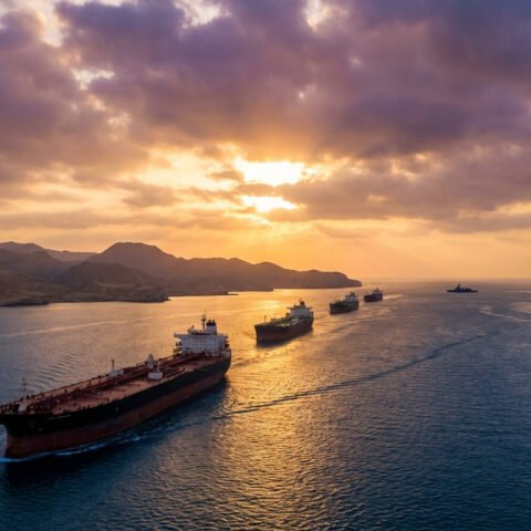 Plusieurs pétroliers naviguant dans le détroit d'Ormuz au coucher du soleil, avec montagnes arides et ciel nuageux orange et violet.