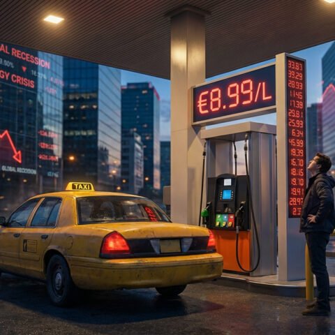 Taxi jaune à une pompe à essence, homme choqué par le prix de 8.99€/L. Bâtiments reflètent "Crise Énergétique" et "Récession Mondiale".