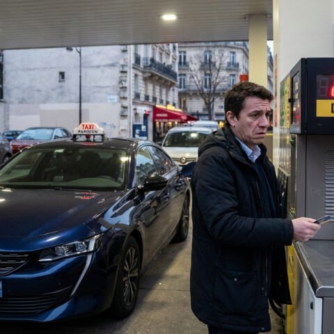 Homme consterné à une pompe affichant 2,85 €/L de diesel, près d'un taxi parisien dans une station-service urbaine.