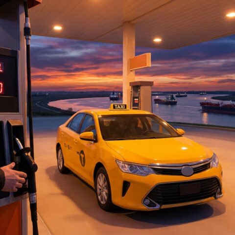 Un taxi jaune fait le plein à une pompe affichant 8,99 $/gallon et 125,50 $. Des navires-citernes sur une rivière au coucher du soleil.