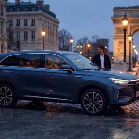 Homme près d'un SUV Omoda bleu foncé sur rue pavée mouillée à Paris au crépuscule. L'Arc de Triomphe est visible en fond.